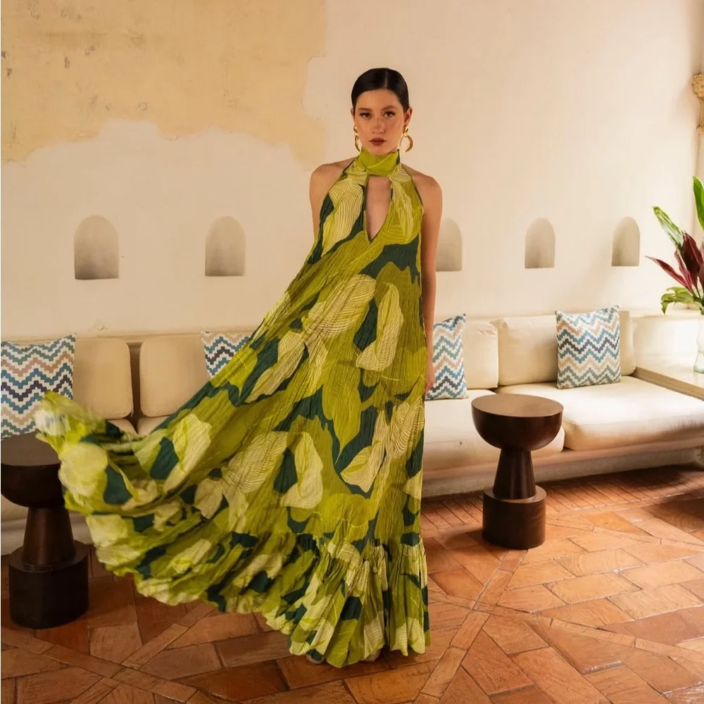 NWT Vicky Tcherassi Azul Green Leaf Print Dress - Picture 2 of 7